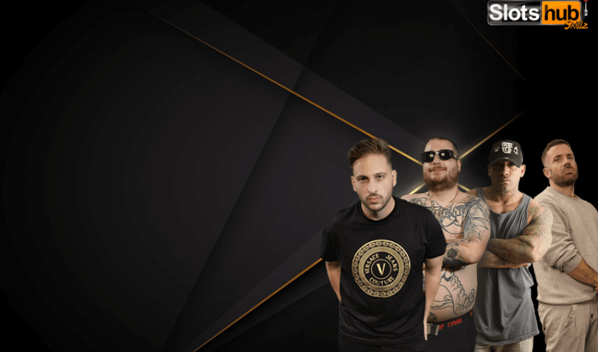 Slotshub streamers ομάδα τεσσάρων παικτών σε σκούρο φόντο